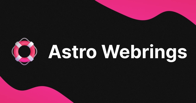 A buoy besides the text "Astro Webrings" in big, white letters, with some pink decoration in the corners.